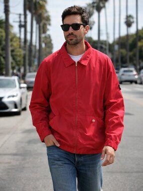 Vintage Dickies red workwear jacket in men's XL. Zip-up front, dual pockets, and
